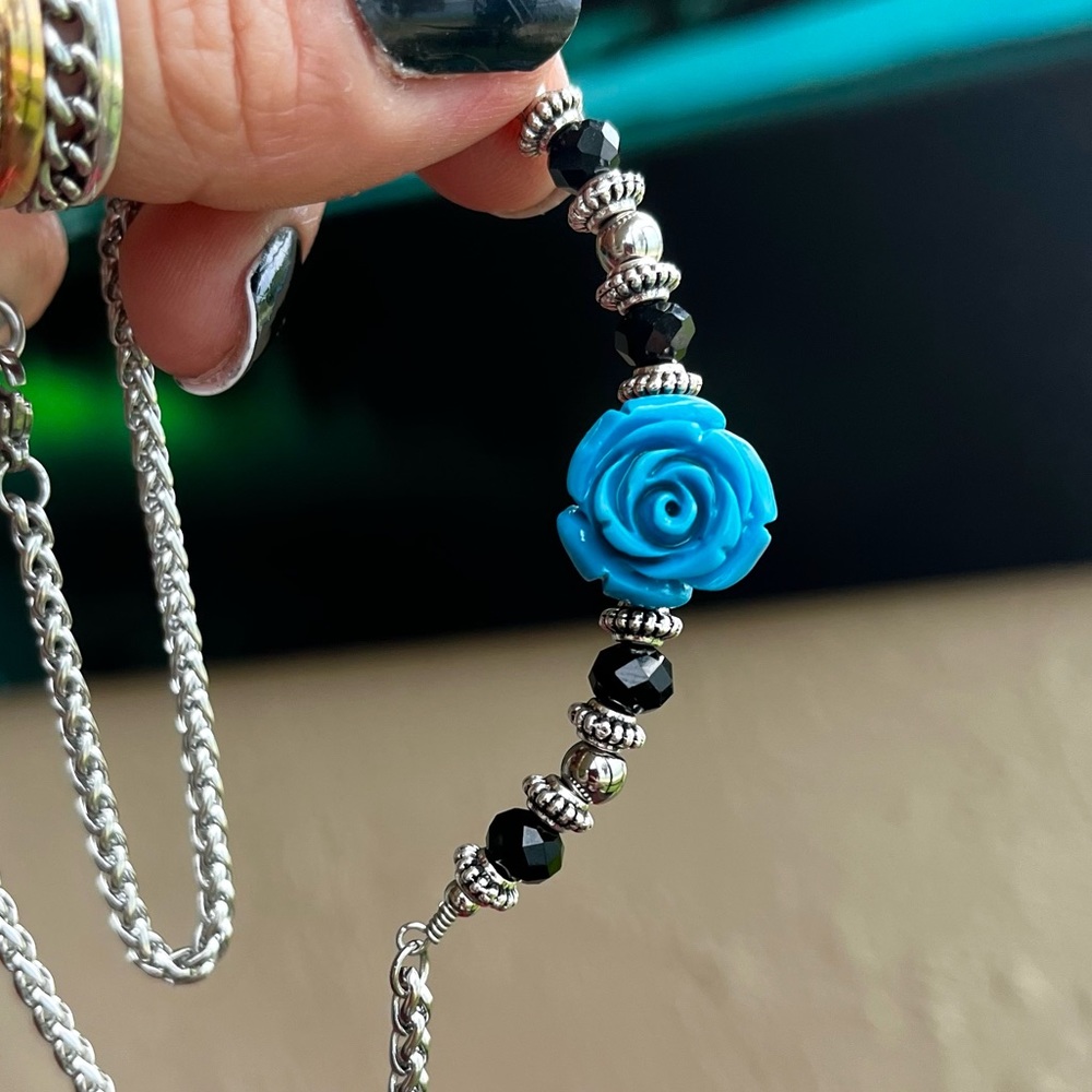 Handmade stainless steel blue rose flower wheat chain link choker necklace